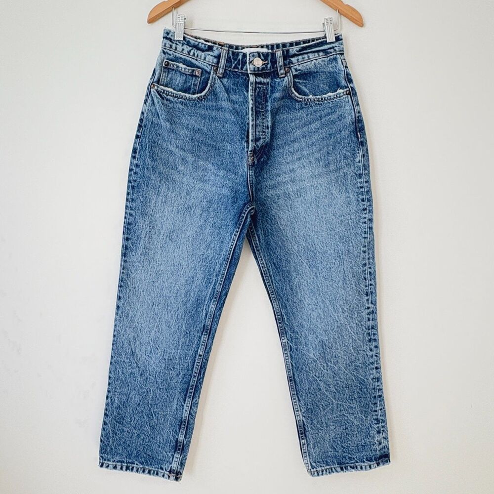ZARA High Rise Straight Leg Mom Jeans Button Fly Vintage Wash Blue Denim Sz 8